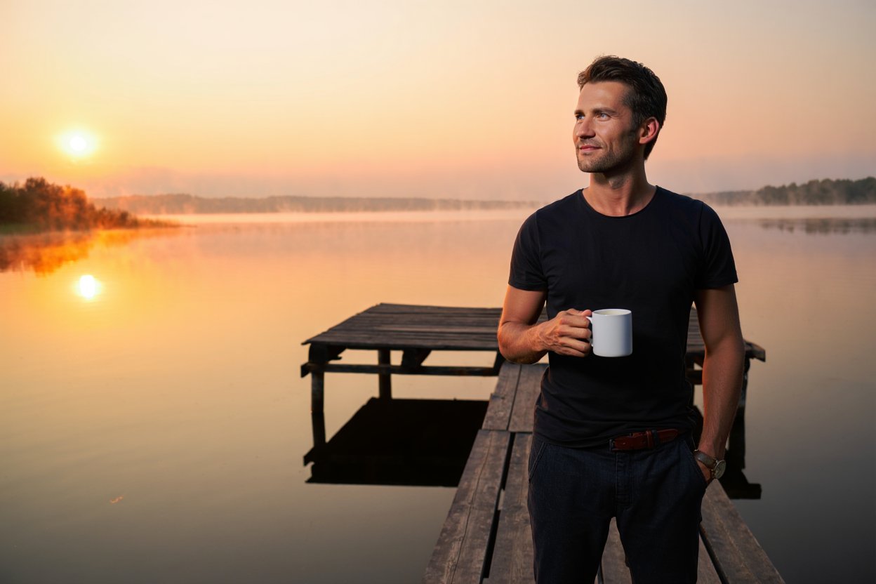 Мужчина с чашкой стоит на деревянной пристани у озера во время рассвета.